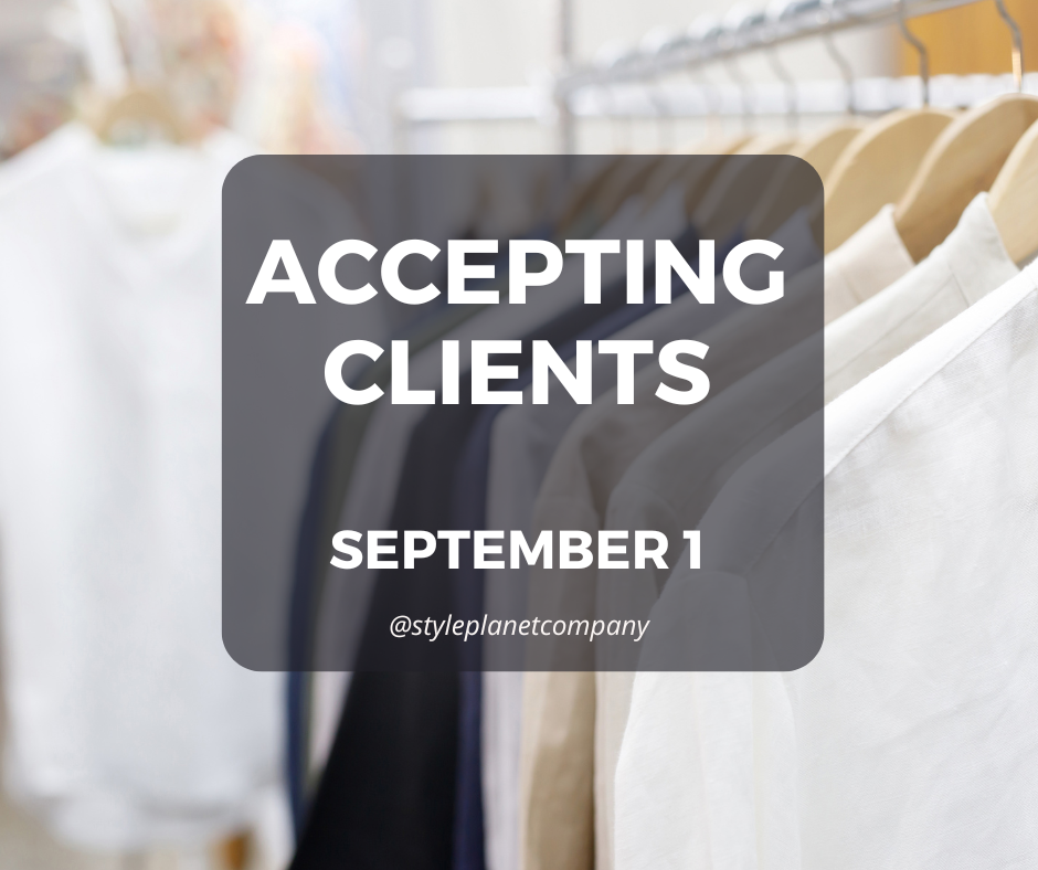 Text overlay on blurred clothing background with 'Accepting Clients' and 'September 1' information.